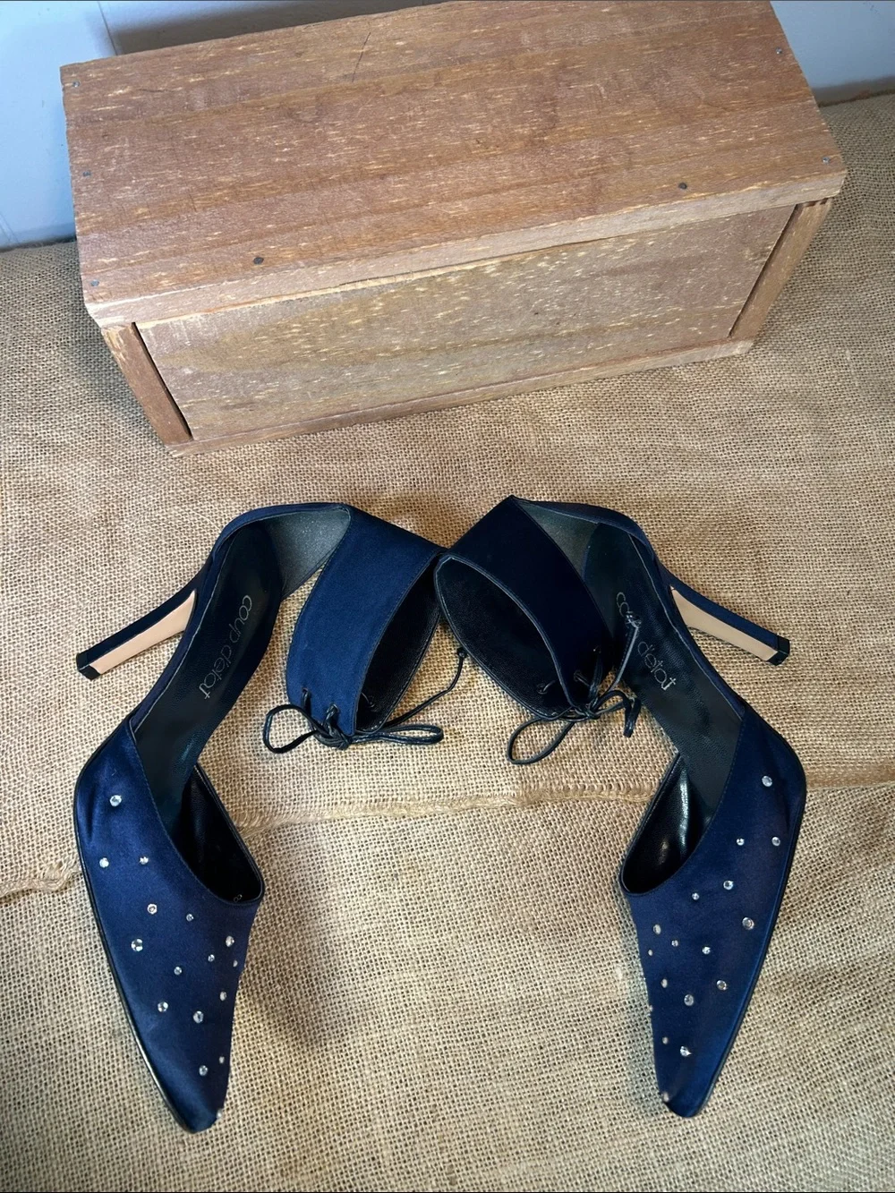 Coup D'etat Navy Pointed Studded Ankle-Strap Heels